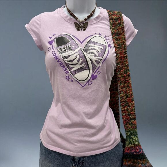 Converse Glitter Heart Tee Y2K Purple Graphic T Shirt XS - Picture 1 of 8